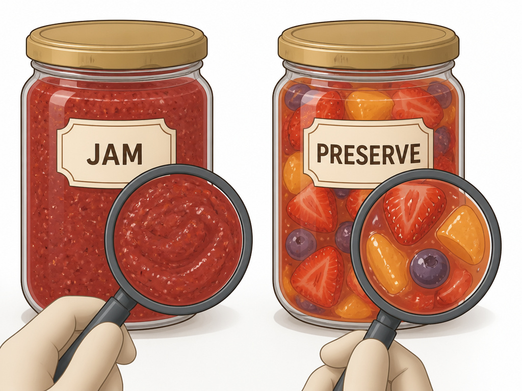 Cartoon diagram comparing the texture of jam versus preserve in labeled jars.
