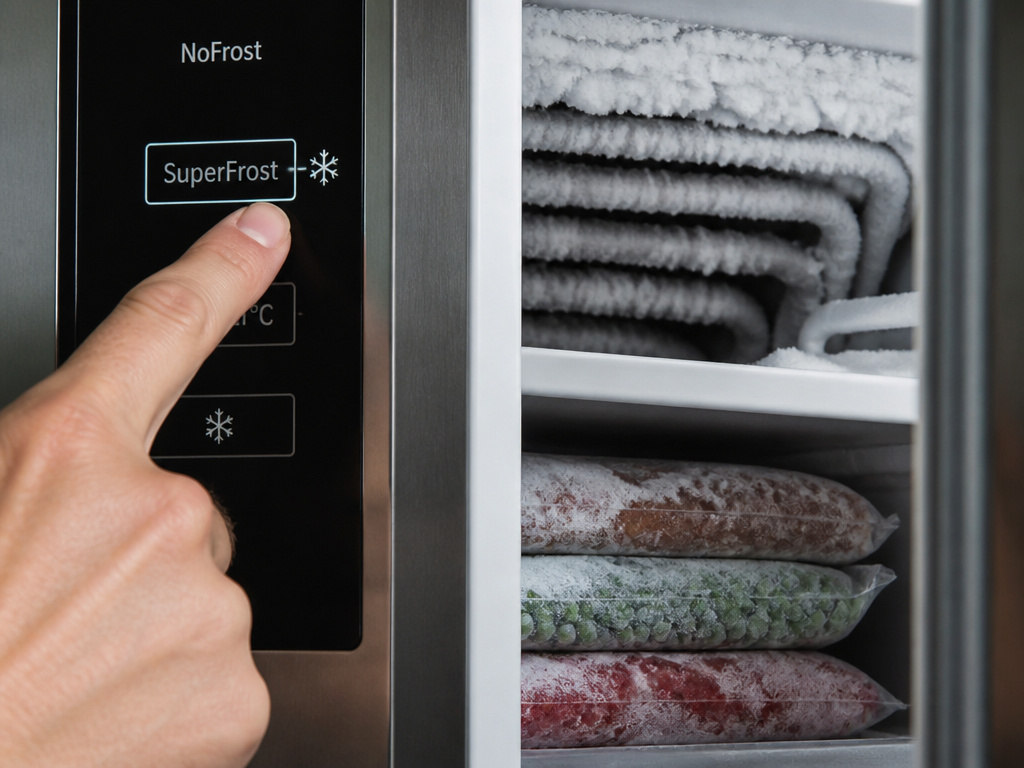 Close-up of activating SuperFrost function on a freezer before defrosting.