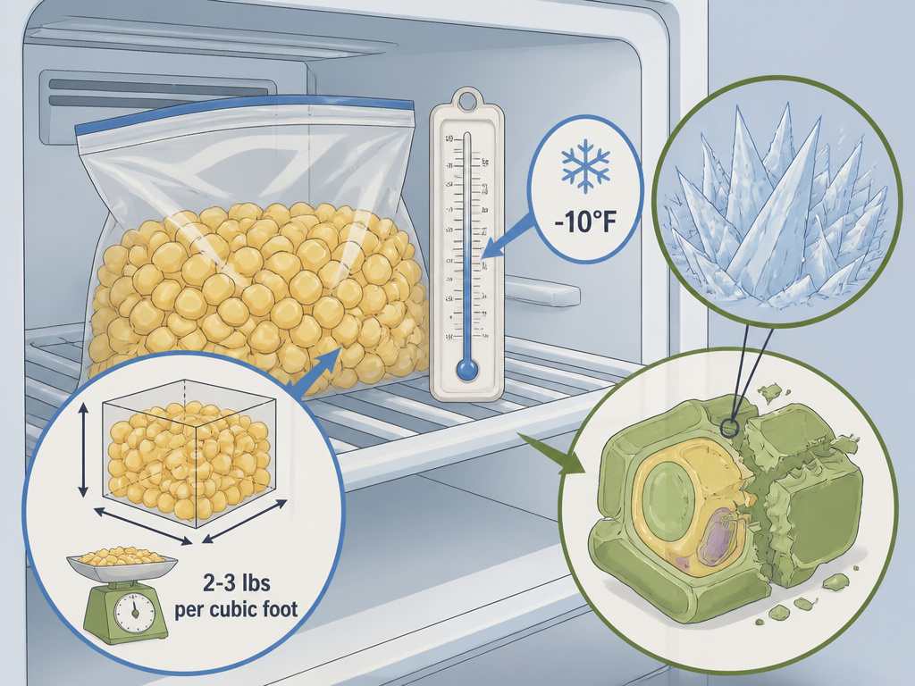 Diagram explaining freezer capacity math and ice crystal damage to food.