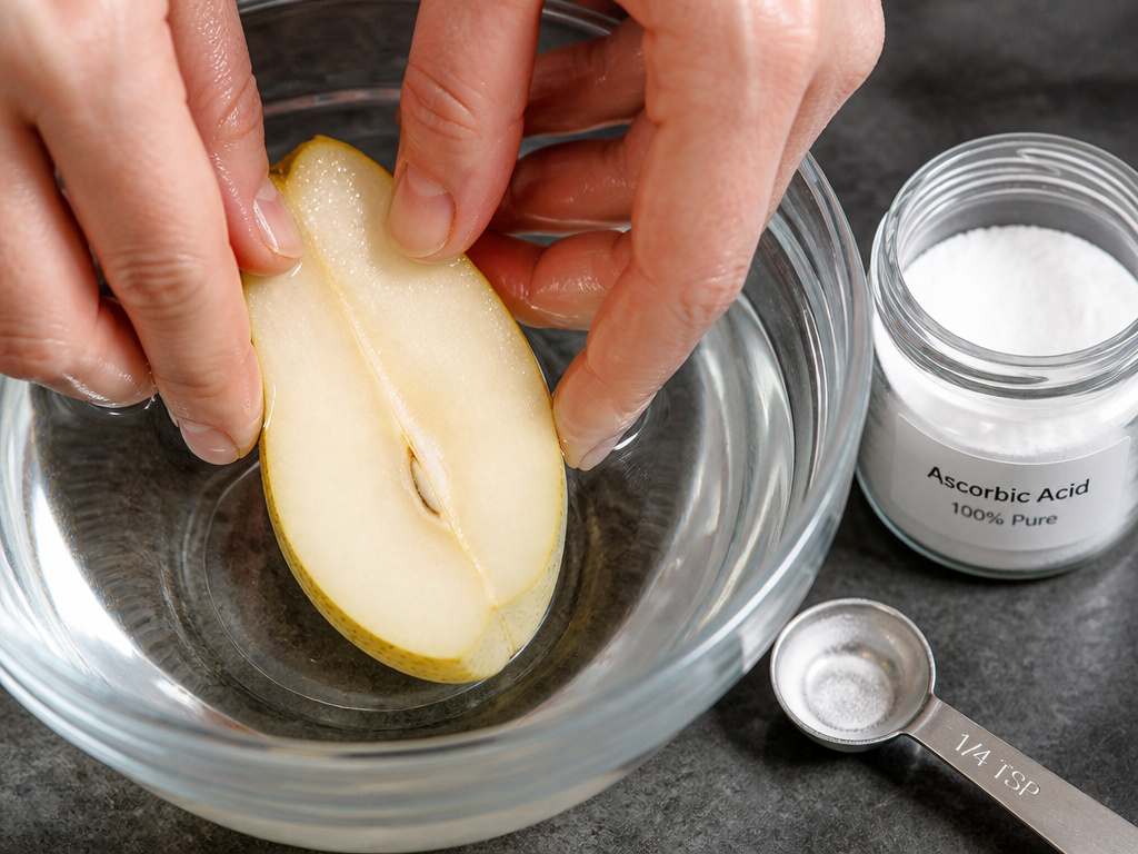 Treating pear slices in an ascorbic acid bath to prevent browning for preservation.