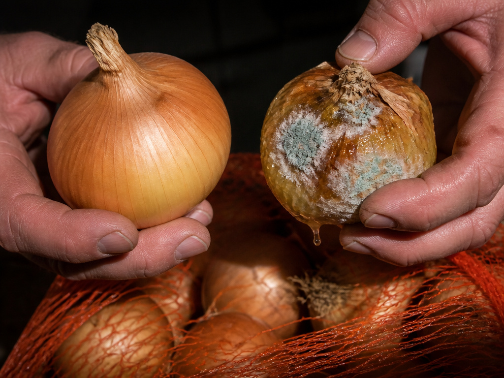 Close-up of inspecting a moldy spoiled onion next to a firm one in storage.