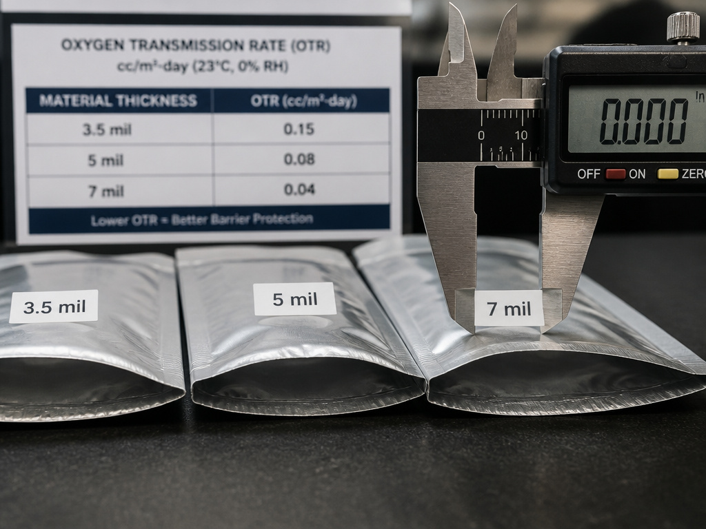 Close-up comparison of Mylar bag thicknesses in mils with a measuring tool.