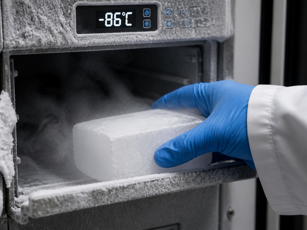 Dry ice being stored inside an ultra-low temperature laboratory freezer.