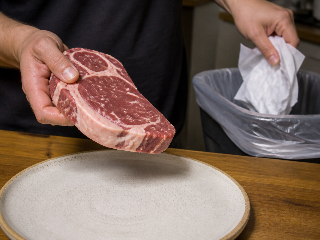 Discarding freezer paper before placing steak on a ceramic plate to reheat.