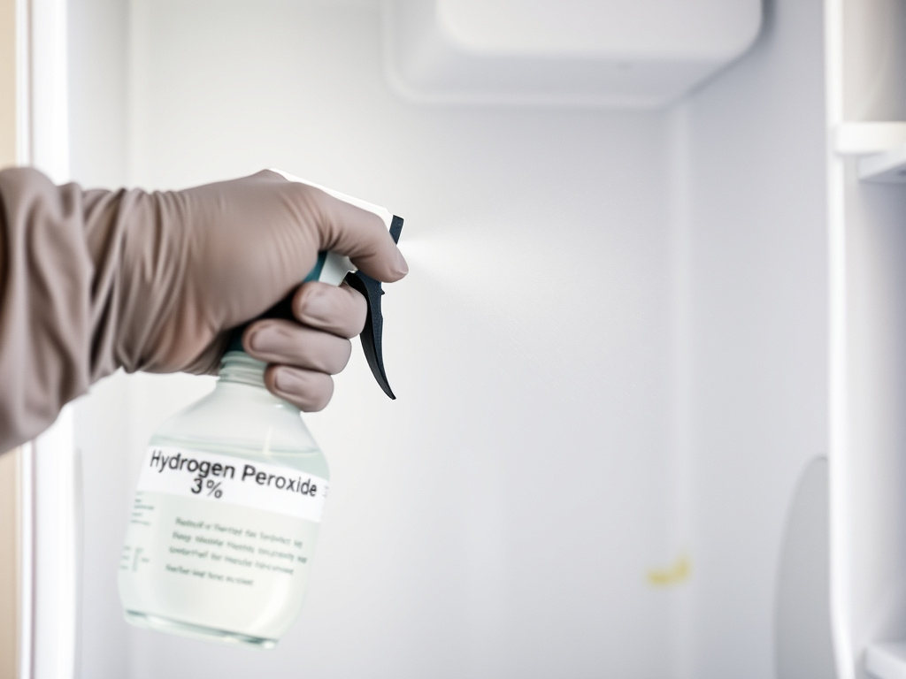 Cleaning a smelly refrigerator interior with a hydrogen peroxide spray bottle.