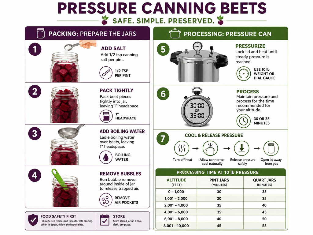 Step-by-step infographic for packing beets in jars and pressure canning process.