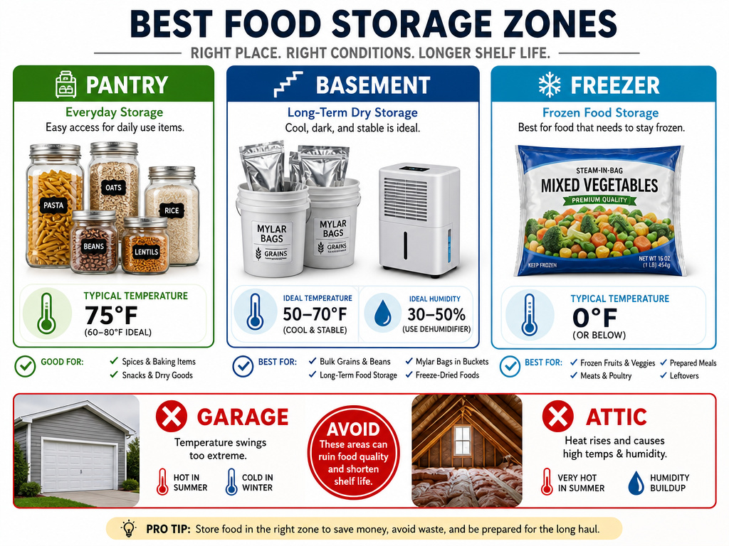 Comparing pantry, basement, and freezer for optimal long-term food storage.