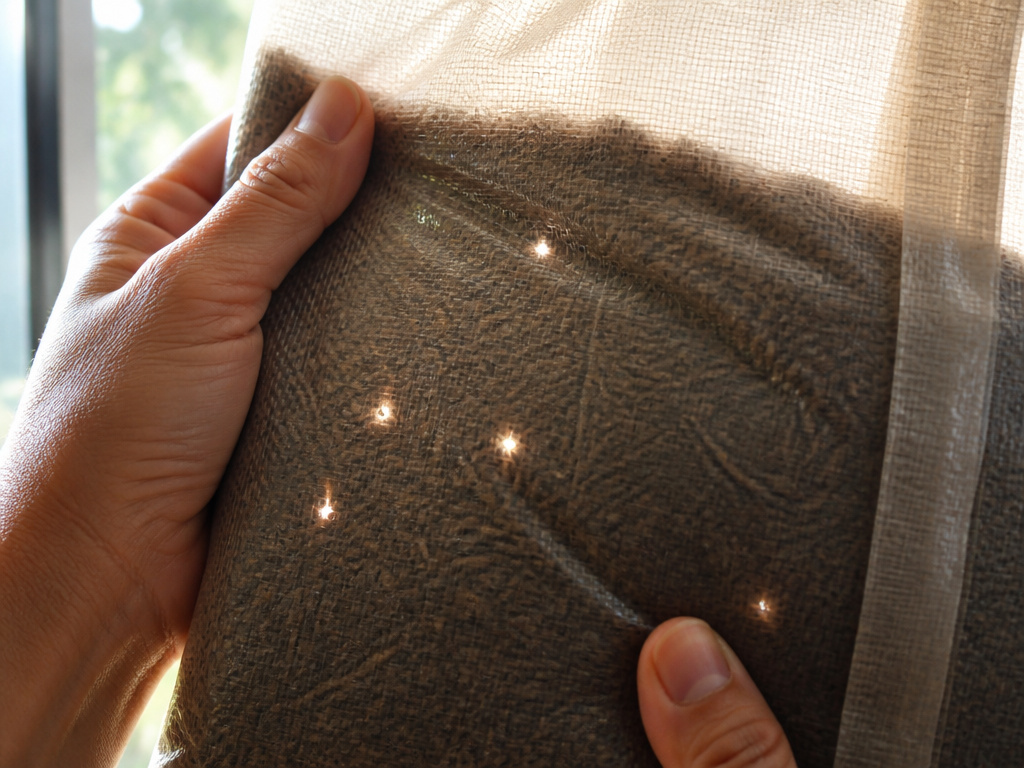 Close-up of hands inspecting a rice bag for holes against a light source