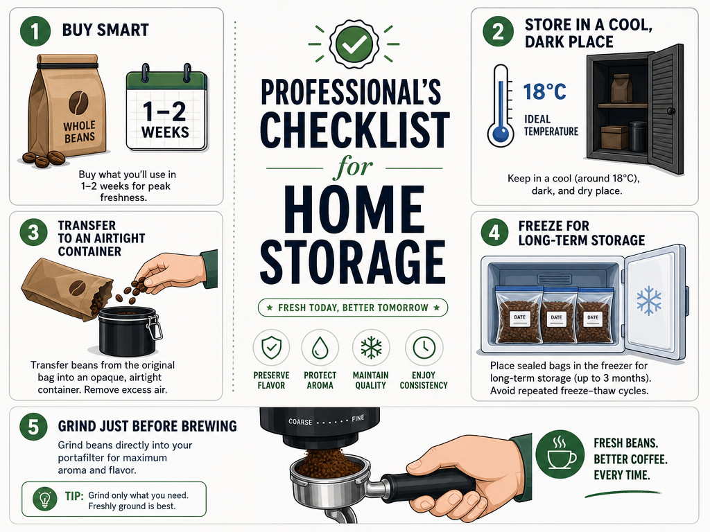 Infographic checklist for storing coffee beans to maintain freshness at home.