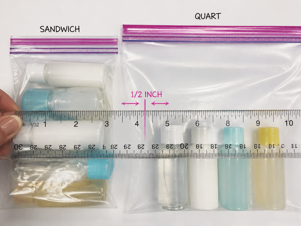 Sandwich bag vs. Quart bag size comparison with ruler and toiletry bottles