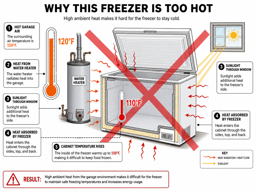 Diagram showing garage freezer failure due to exceeding temperature limits.