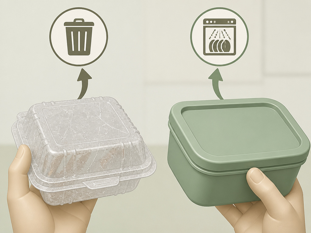 Comparing single-use versus reusable plastic food containers for safety.