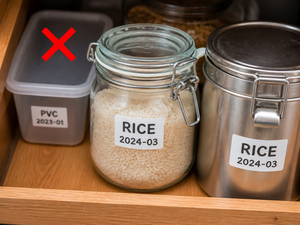 Glass and stainless steel airtight containers versus a rejected PVC bin on a deep pantry shelf.
