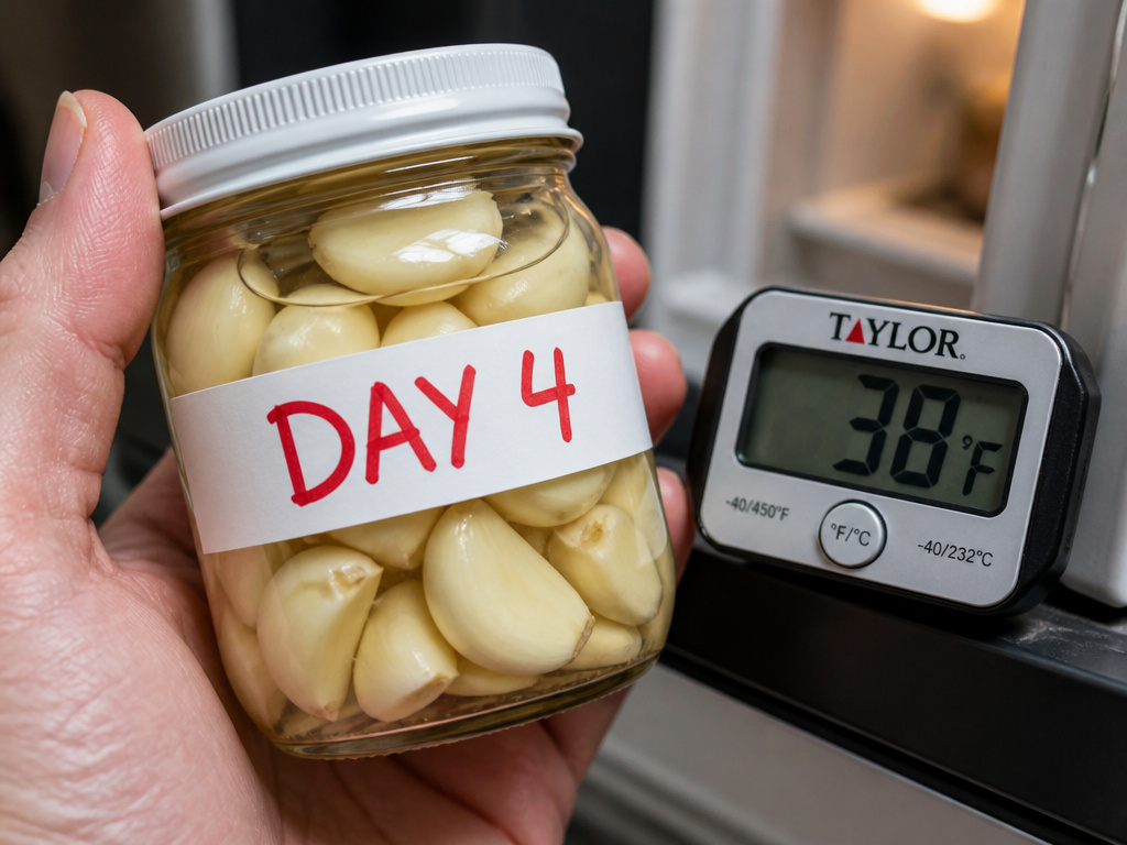 Garlic cloves stored in oil in a jar, labeled with a four-day deadline.