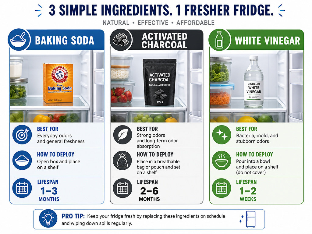 Infographic comparing baking soda, charcoal, and vinegar for refrigerator odor removal.