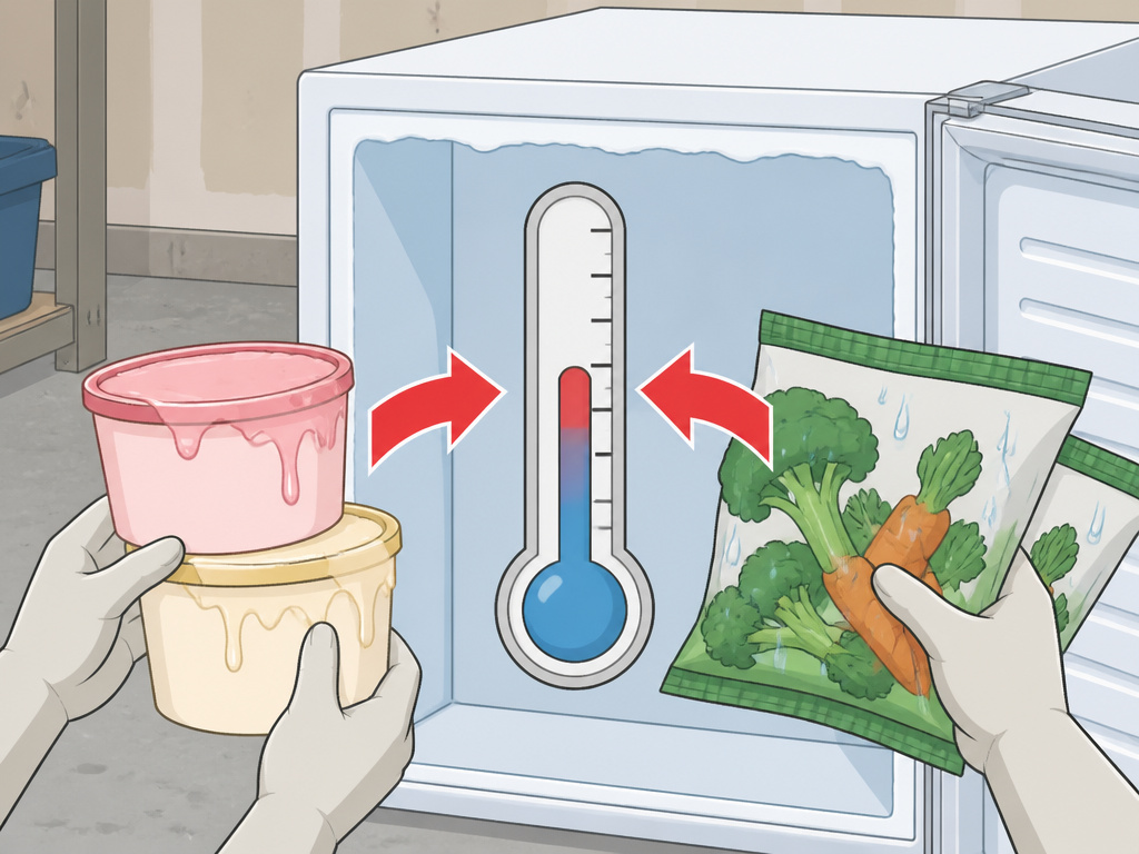 Freezer in cold garage with internal temperature rising, softening frozen food.