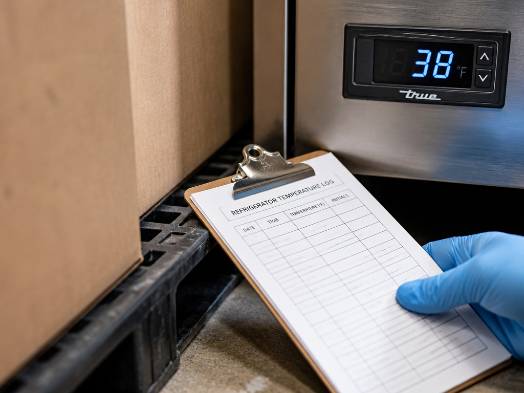 Food pantry temperature log and pallet storage for safety compliance.