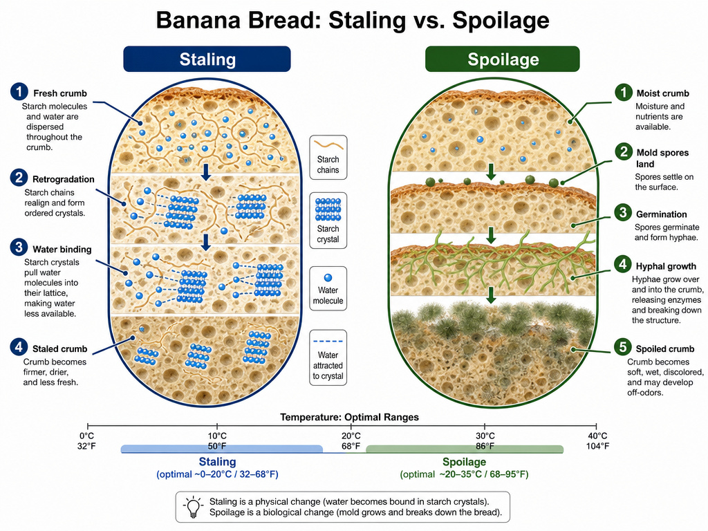Diagram comparing starch retrogradation and mold growth in stored banana bread.
