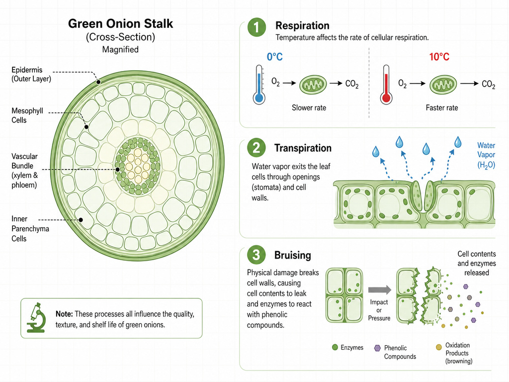 Diagram showing respiration, transpiration, and cell damage in stored green onions.