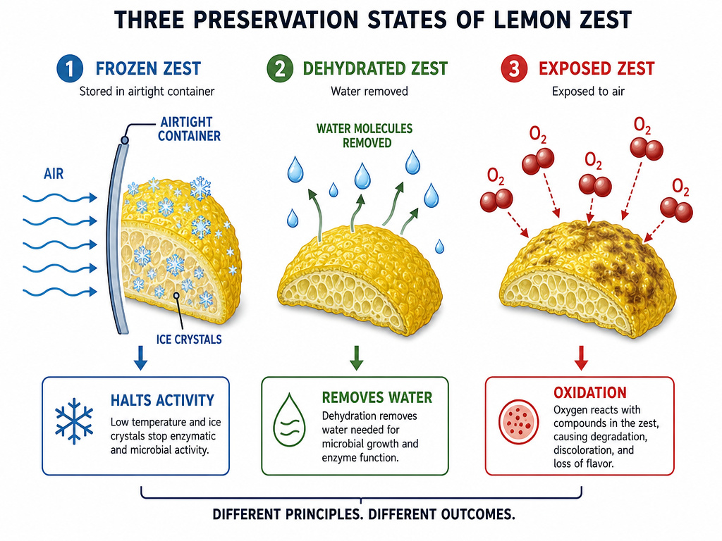 Diagram of the science behind preserving lemon zest by freezing and dehydrating.