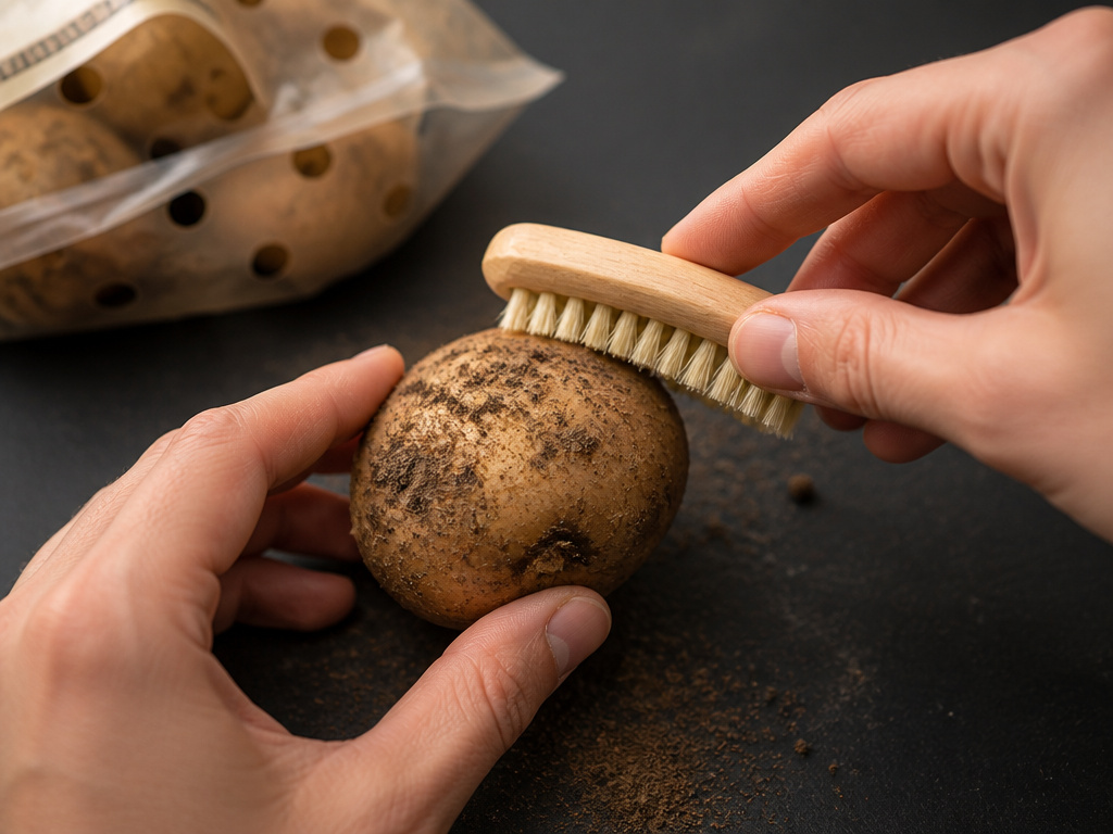 Brushing dirt off an unwashed potato before placing it in a perforated storage bag.