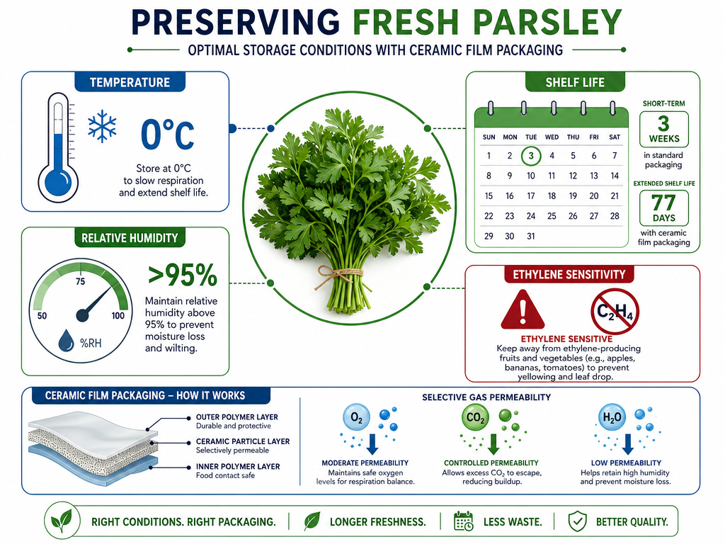 Scientific data for storing parsley long-term: temperature, humidity, and gas control.