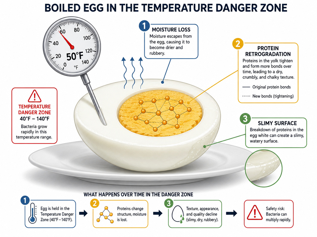 Diagram explaining spoilage science for a peeled boiled egg in the danger zone.