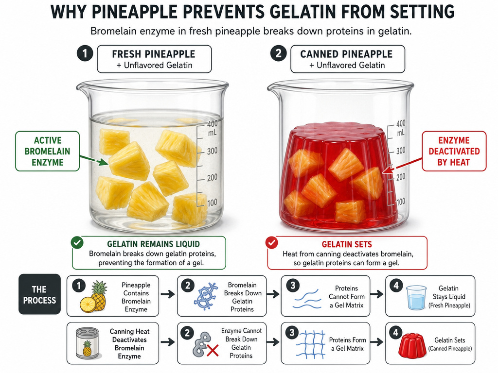 Fresh versus canned pineapple effect on gelatin setting, enzyme diagram.