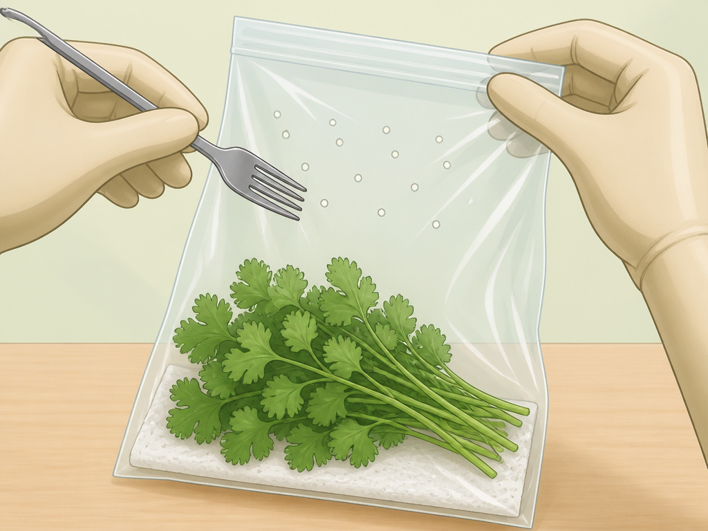 How to store cilantro in a vented plastic bag with a paper towel in fridge.