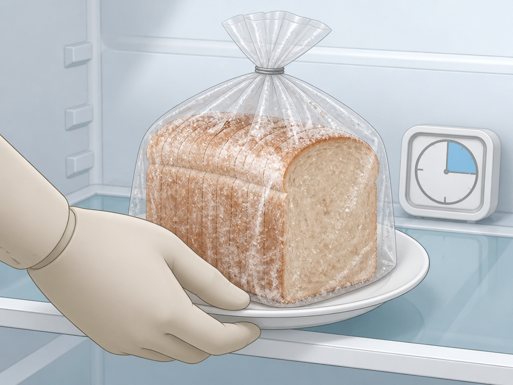 Thawing frozen bread in a sealed bag on a plate inside a refrigerator.