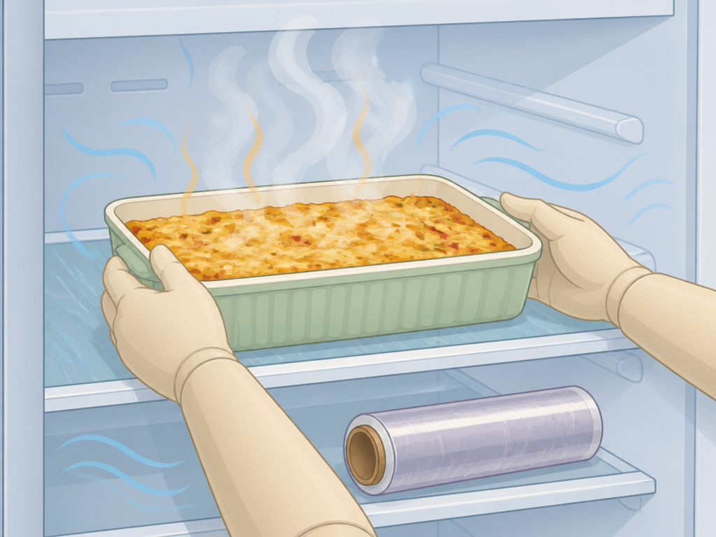 Leaving a hot casserole uncovered to cool in the refrigerator before wrapping.