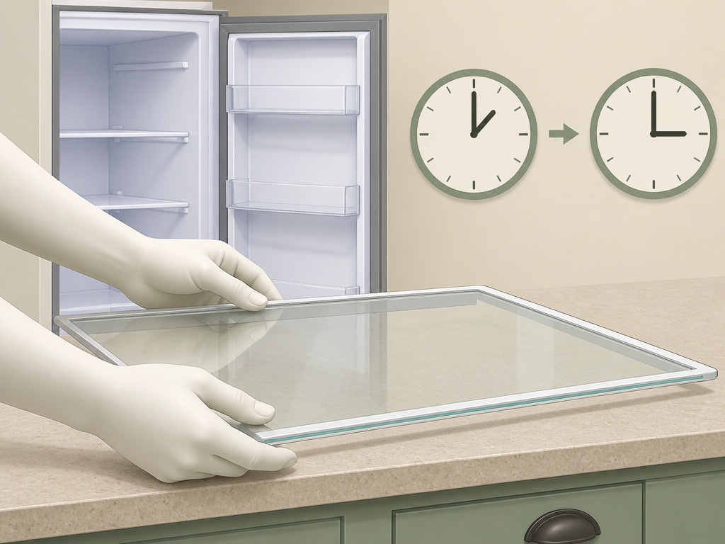 Letting a glass refrigerator shelf warm to room temperature before cleaning.