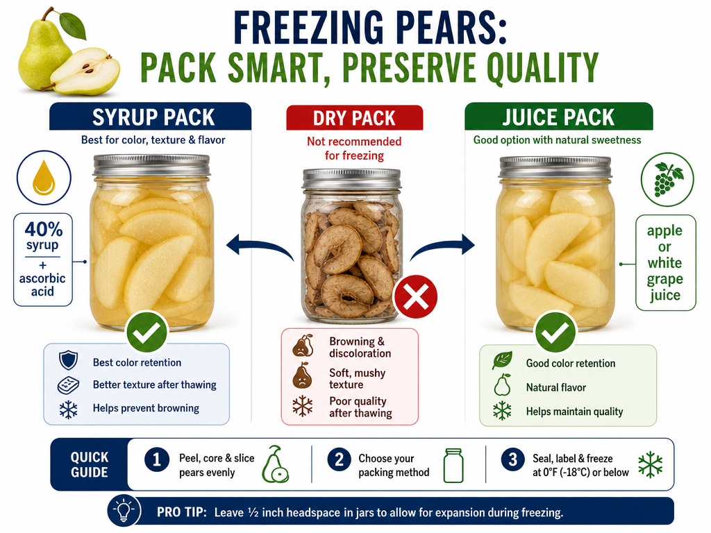 Infographic comparing syrup pack versus juice pack for freezing pears.