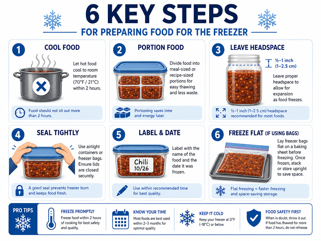 Infographic showing six-step protocol for safely freezing food in containers.