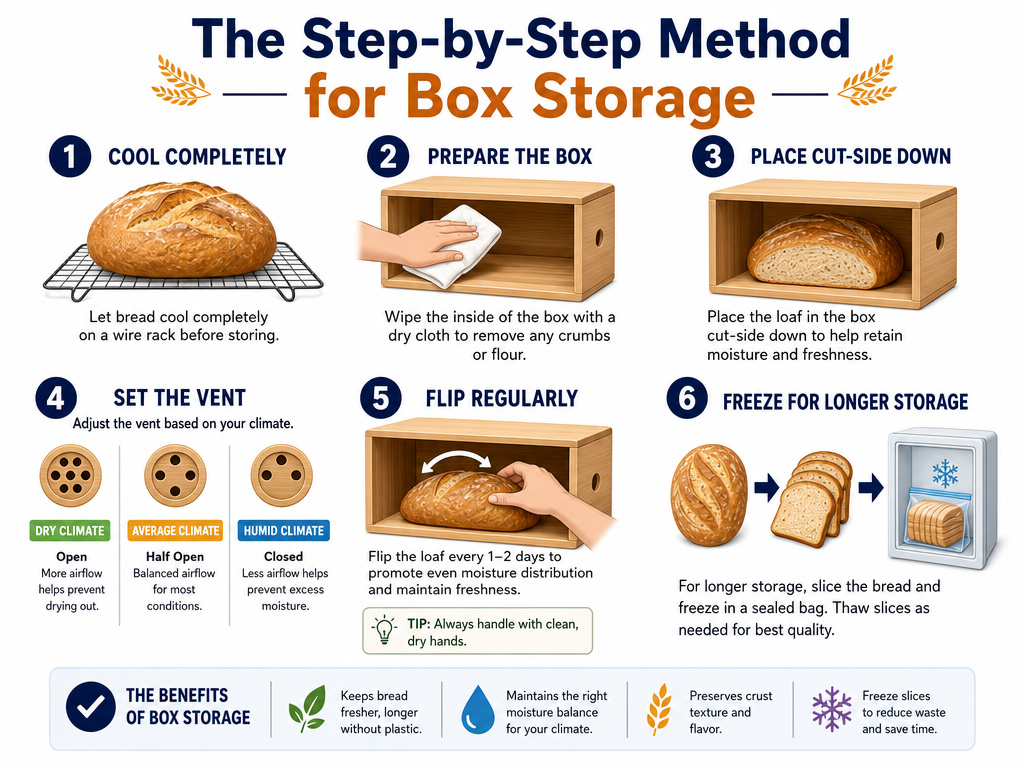 Infographic showing six steps for storing bread in a bread box properly.