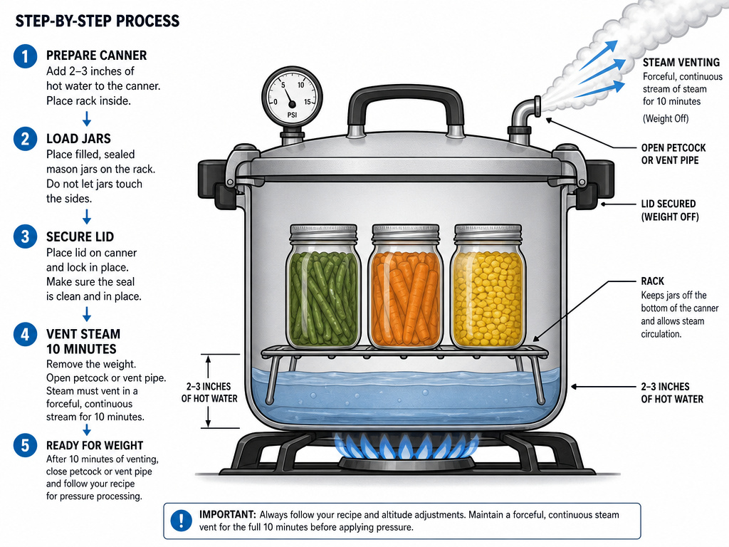 Diagram of pressure canner venting steam during safe canning process.