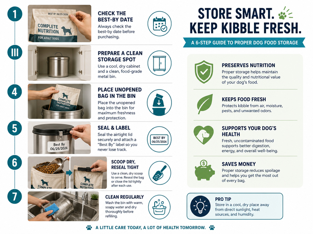 Step-by-step infographic for storing dry dog food in a sealed container