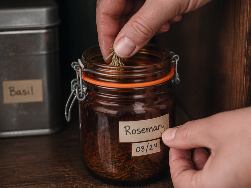 Storing dried herbs in an airtight, opaque jar inside a dark cupboard.