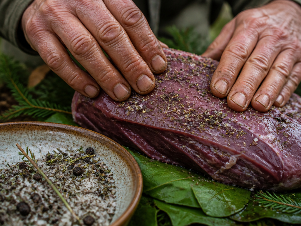 Dry curing wild meat with salt and spices in an outdoor setting.