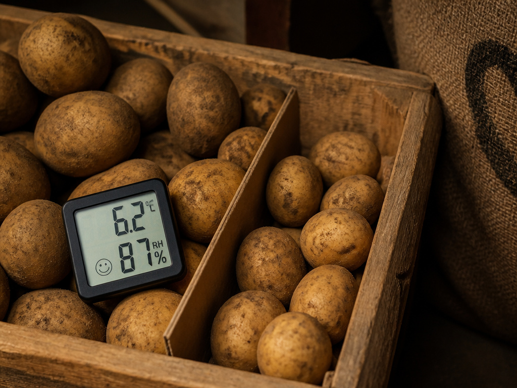 Breathable wooden crate and hygrometer for proper potato storage setup.