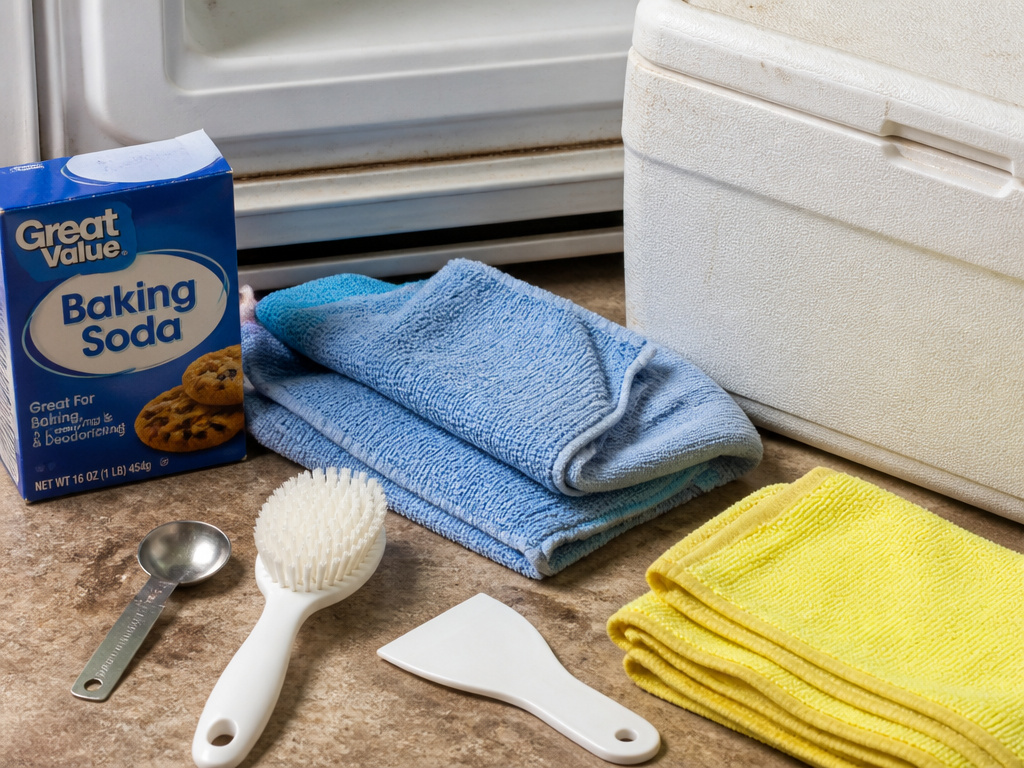 Essential tools and supplies for cleaning a freezer, laid out for preparation.