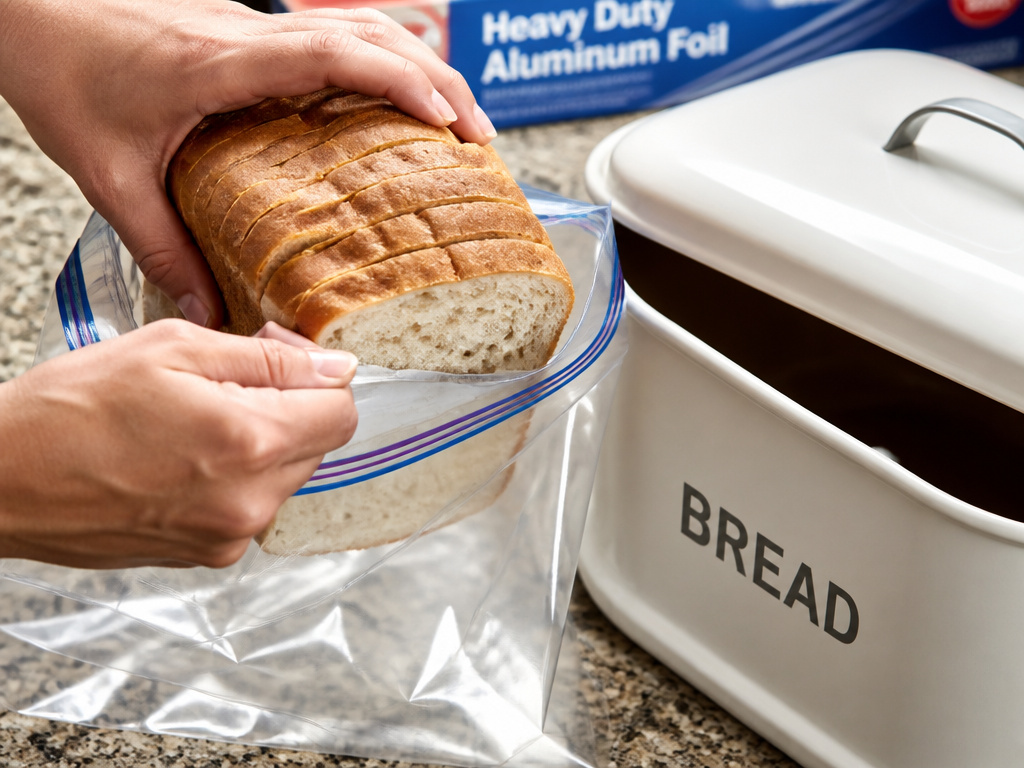 Proper bread storage tools like a plastic bag and ceramic keeper on a counter.