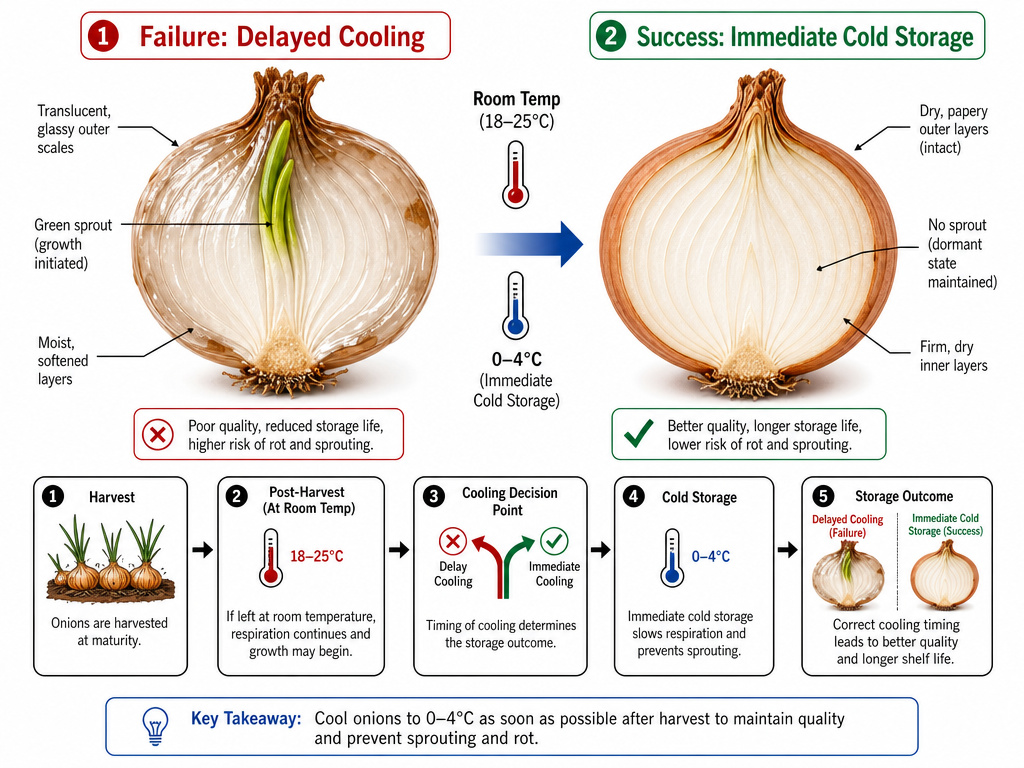 Diagram comparing onion storage failure from delayed cooling versus success.