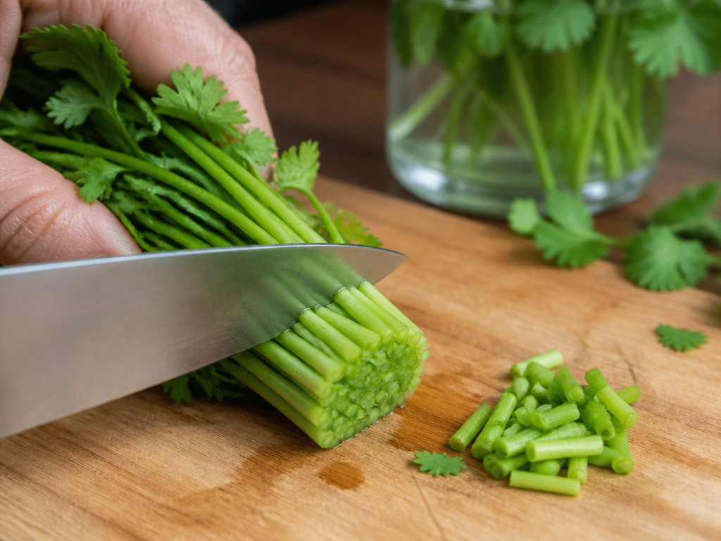 Cutting cilantro stems before placing in a water jar to preserve freshness.