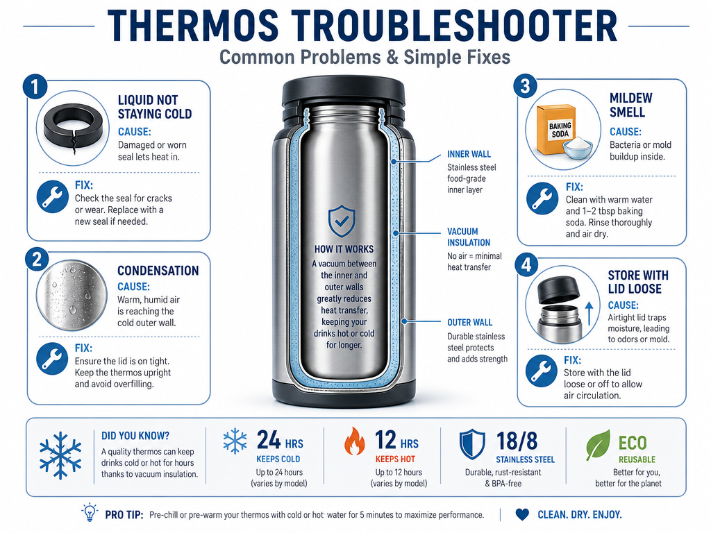 Infographic on thermos care and troubleshooting for keeping drinks cold.