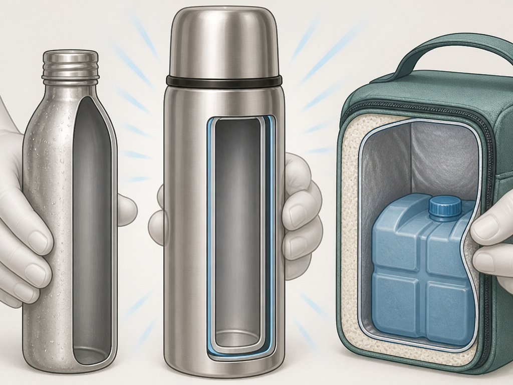 Comparison diagram of a thermos versus a lunch bag and steel bottle for cold retention.