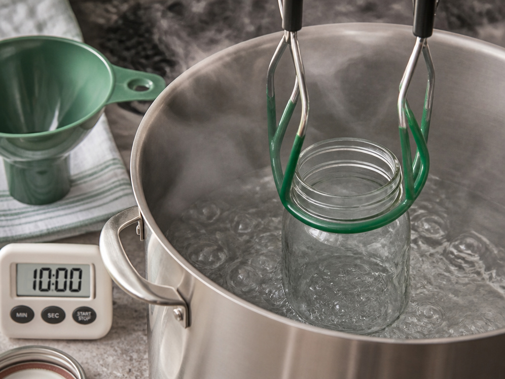 Mason jar being sterilized in boiling water with jar lifter and funnel.