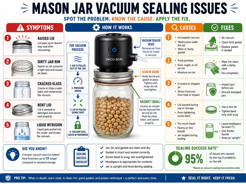 Troubleshooting chart for common mason jar vacuum seal failures and solutions