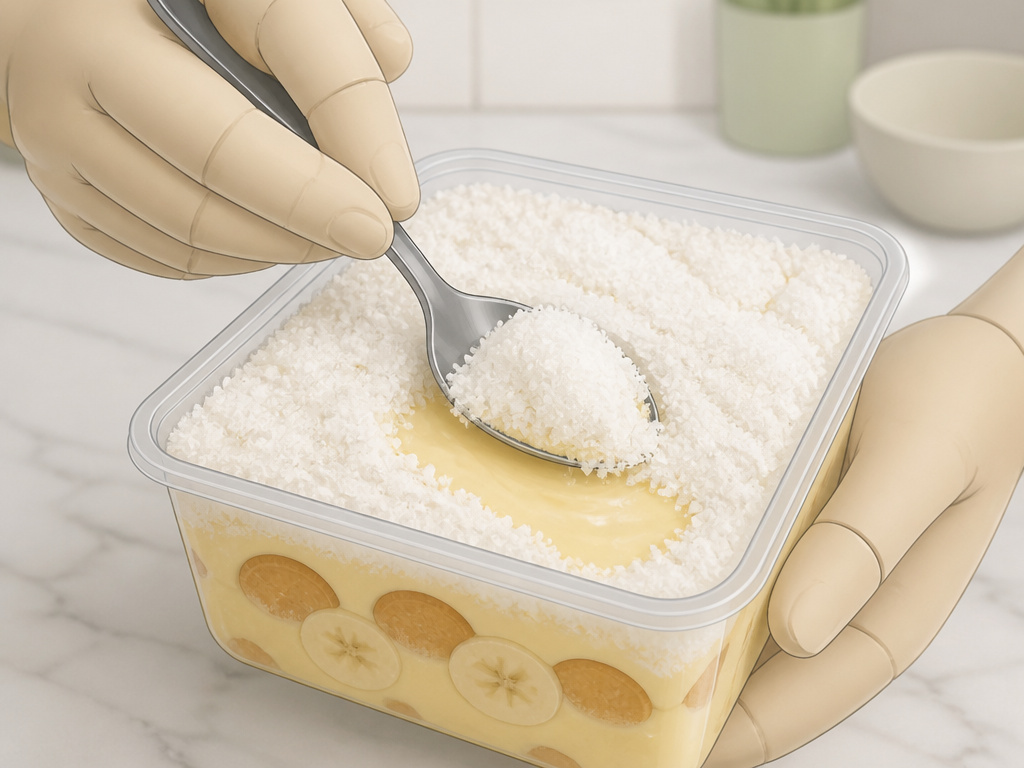 Scooping freezer burn off frozen banana pudding to fix texture.