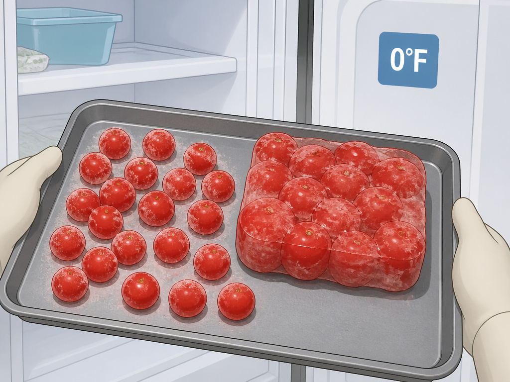 Preventing frozen tomato blocks and freezer burn for cherry tomato preservation.